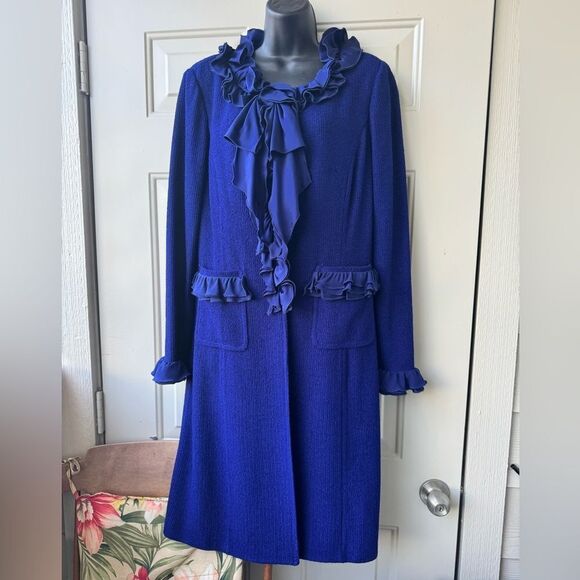 St.John 2-piece Suite Sapphire Blue Wool Blend Knit Duster,Silk Ruffle and Pants - Picture 1 of 16